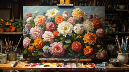 Artist Painting Colorful Floral Still Life in Bright Studio