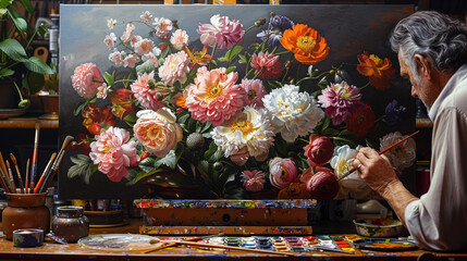 Artist Painting Colorful Floral Still Life in Bright Studio