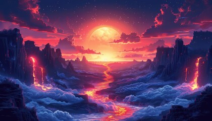 Fototapeta premium Lava River Flows Through Fantasy Landscape Under Crimson Moon