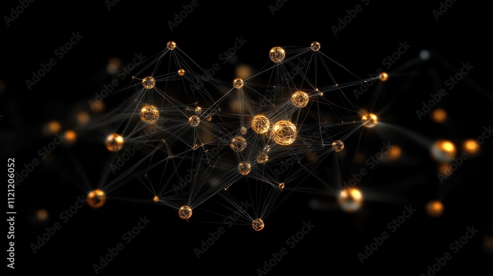 Poster abstract network of glowing spheres connected by lines on black background.