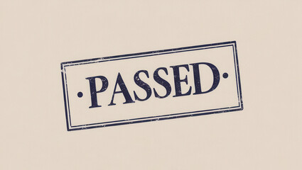 Passed certification stamp office setting graphic design clean environment top-down perspective validation concept