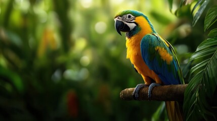 Obraz premium A vibrant Blue-and-yellow Macaw parrot perches on a branch in a lush, green rainforest