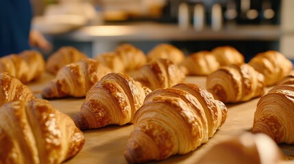 Row of freshly baked croissants on a brown paper-lined tray, with a blurred background of a bakery kitchen