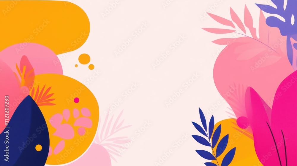 Poster vibrant abstract background with colorful shapes and leaves, creating a dynamic and playful composit
