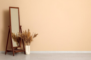 Mirror and vase with pampas grass near brown wall in room