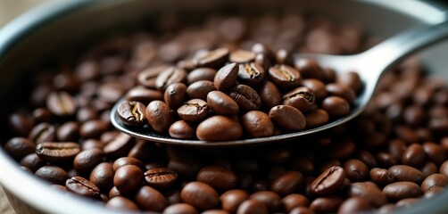 Close-up view of spoon holding dark roast coffee beans on table. Roasted coffee beans piled high on table surface. Spoon partially visible. Freshly roasted coffee beans give strong aroma. View