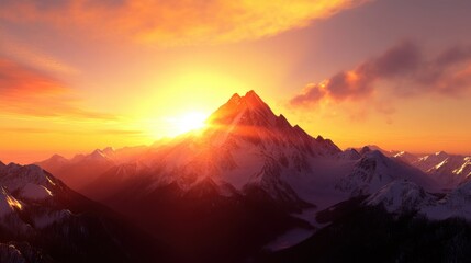 Obraz premium A majestic mountain peak bathed in the golden light of a breathtaking sunset, with snow-capped peaks and a vast expanse of clouds in the background