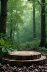 Fototapeta premium Podium cosmetic product on wood background, free space for goods. AI Generative