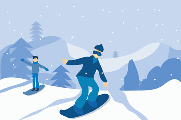 Winter mountain landscape. Ski sport vector illustration with snowy hills, Alps. Winter sports. Skiing and snowboarding