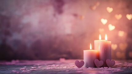 Elegant Valentine's Day backdrop with a dusty rose color scheme, glowing soft candlelight, scattered heart shapes 