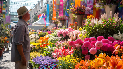 Man Admiring Vibrant Floral Displays at Festival