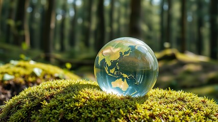Crystal globe glass on green moss in forest to protect nature Save and care World for sustainable. concept of the environment ecology and Earth Day. eco environment and ESG concept