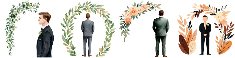 Wedding watercolor and groom delicate, A series of elegantly dressed men standing in front of floral and leafy archways, showcasing a blend of sophistication and nature.