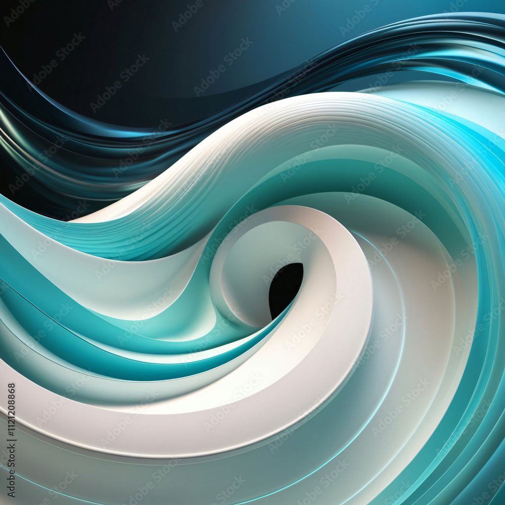 Poster swirling abstract design with shades of blue and white, creating a dynamic and fluid visual effect i