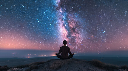 Man Meditating Under Night Sky Stars