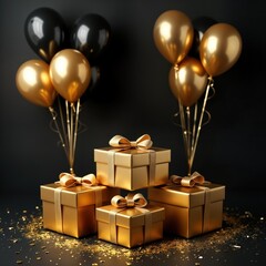 Gold gift boxes with golden ribbon bows, black balloons on black background create festive, luxurious display. Luxury gift display. Suitable for variety of events, occasions. Perfect for holiday