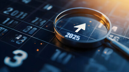 Magnifying glass focuses on 2025 on a calendar, signifying future planning and growth.