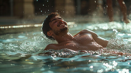 Man Relaxing in Fountain on Hot Day