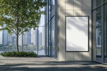 Modern Building Exterior Blank Signage Displays in City Setting with Greenery