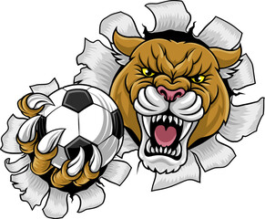 Cougar, panther, mountain lion or puma wildcat cat soccer football sports team mascot holding a ball