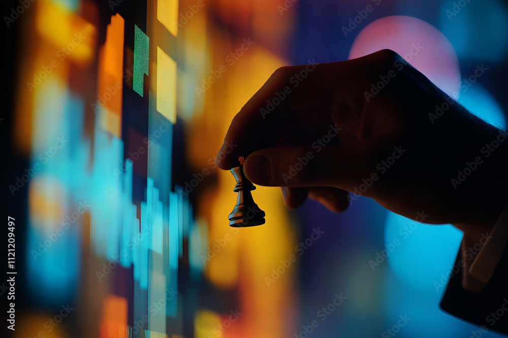 Poster a hand holds a chess piece in front of a colorful abstract background, symbolizing strategy and deci