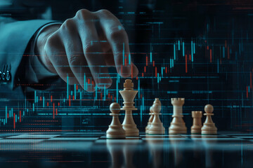 A hand moves a chess piece on a board, overlaid with digital market data, symbolizing strategy and decision-making in both chess and finance.