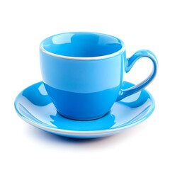 Blue ceramic cup and saucer isolated on white background.
