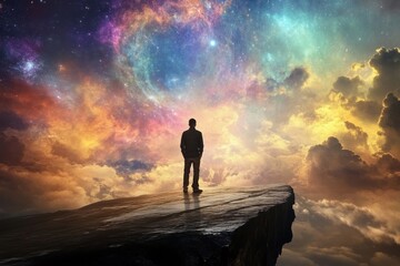 Fototapeta premium Man stands on a rocky ledge gazing at a vibrant cosmic sky filled with colors