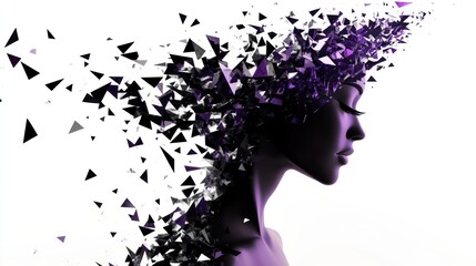 Abstract portrait of a woman with disintegrating geometric fragments.