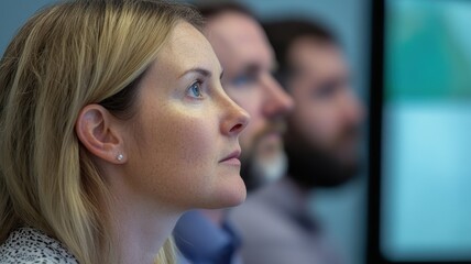 Fototapeta premium Team Analyzing Data on Interactive Screens During Collaborative Meeting Session
