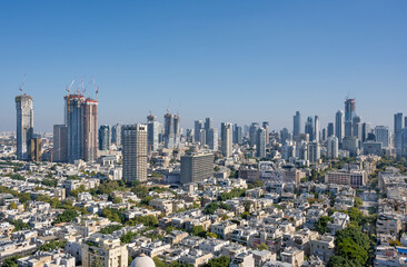  Tel Aviv old buildings and skyline of modern skyscrapers. Israel.