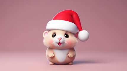 Fototapeta premium Joyful Animated Hamster in Santa Hat, Celebrating the Holidays with a Cheeky Grin and Rosy Cheeks