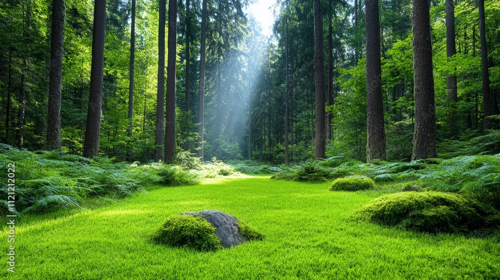 Poster sunbeams through the forest: a serene forest path bathed in golden sunlight, with lush green undergr