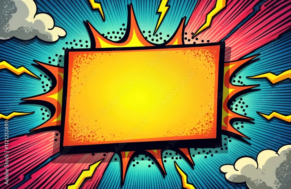 Poster colorful comic cartoon background with halftone frame, lightning. vibrant colors create dynamic pop 