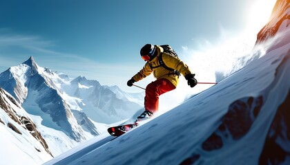 Dynamic skiing adventure on majestic mountains snowy landscape action photography winter sports enthusiastic viewpoint thrilling experience for seo success