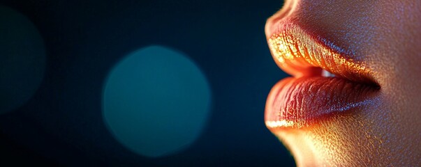 A close-up of lips with a soft glow, set against a blurred blue background, highlighting texture and color.