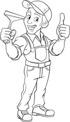 A window cleaner or car wash cleaning cartoon mascot man holding a squeegee washing tool