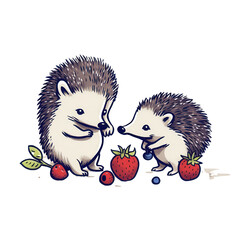 A charming illustration of two adorable hedgehogs gathering strawberries and blueberries, showcasing friendship and nature's bounty.