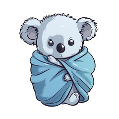 Adorable cartoon koala wrapped in a light blue blanket, exuding a cozy and cute vibe.
