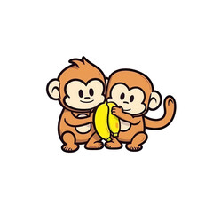 Two adorable cartoon monkeys sharing a banana, showcasing friendship and joy.