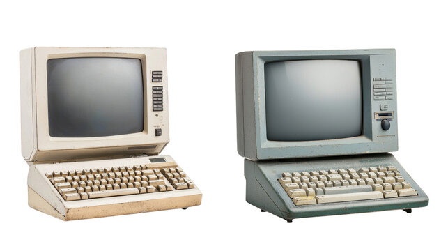 Two vintage desktop computers with keyboards, showcasing retro technology