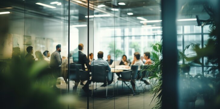Defocused board meeting background behind glass wall