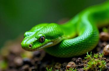 Obraz premium Portrait of green snake on the ground close up