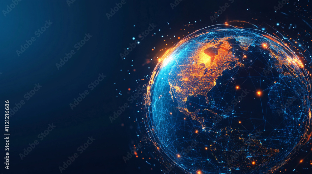 Poster internet connection world map with neon light effects, internet, business, technology and network co