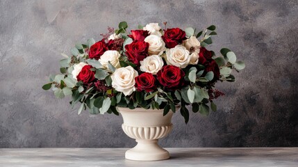 A stunning floral arrangement featuring red and white roses complemented by greenery, elegantly...