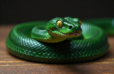 Fototapeta premium Close up of a green snake with yellow eyes