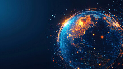 Obraz premium Internet connection world map with neon light effects, Internet, business, technology and network concept background with glowing effects, Advanced data visualization applied to technological design.