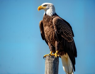 Obraz premium Majestic bald eagle perched on wooden post against clear blue sky. Powerful predator with striking brown, white plumage. Bird of prey looks towards left side of image. Eagle strength, freedom. Wild