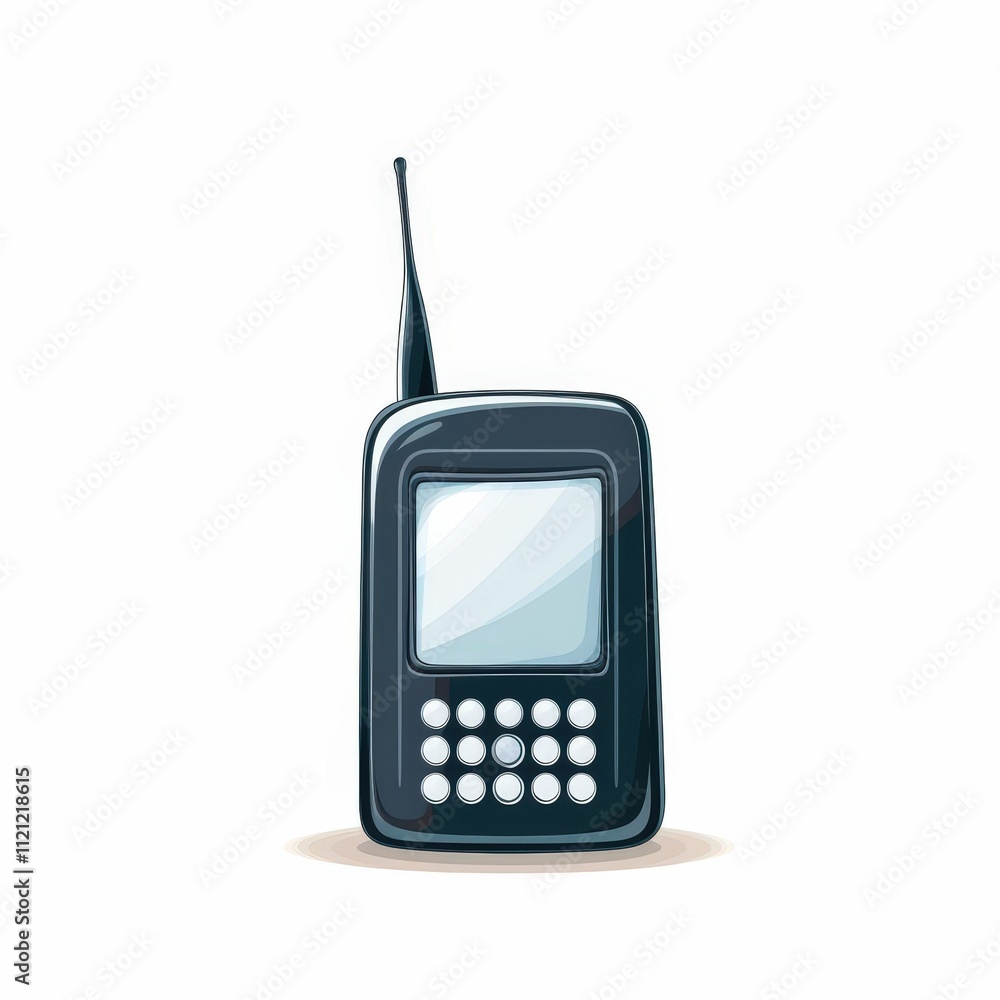 Poster a retro-style mobile phone with an antenna, featuring a simple keypad and a blank screen, representi