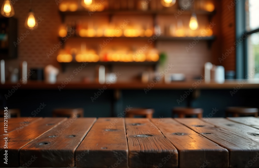 Poster empty wooden table sits in front of blurred bar interior. bokeh lights create warm ambiance. rustic 